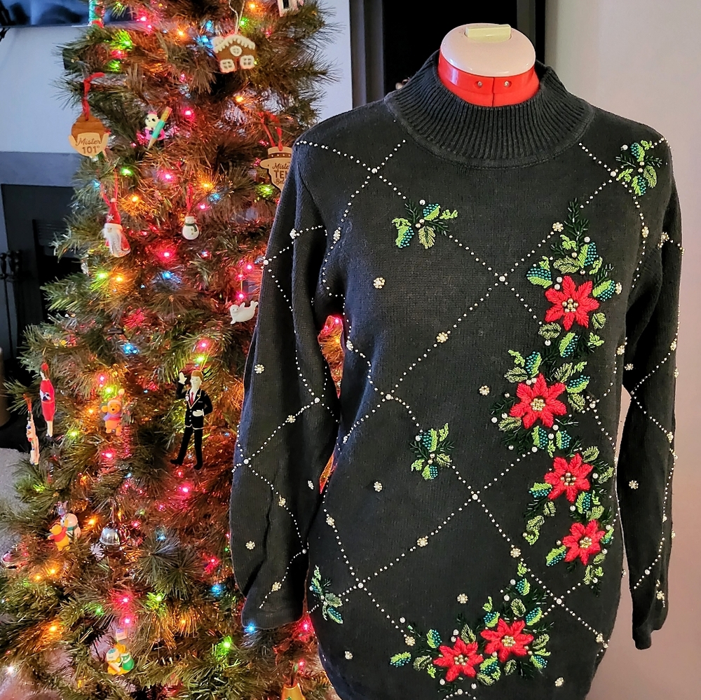 Black Beaded Poinsettia Mock Neck Christmas Sweater